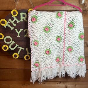 Handmade XL Crochet Rose Flower Stripe Pink Baby Girl Fringe Blanket Throw